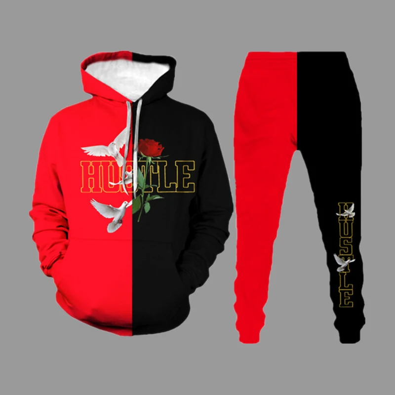 2022 Trendy Brand Hoodie Set Men Spring Autumn Clothes Black Red Stitching Sweatshirt With Sweatpants Suit Male Tracksuit Outfit