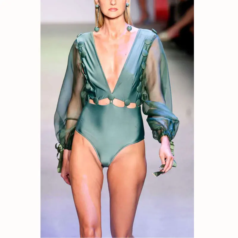 Женский сплошной купальник монокини с вырезами прозрачный длинным рукавом