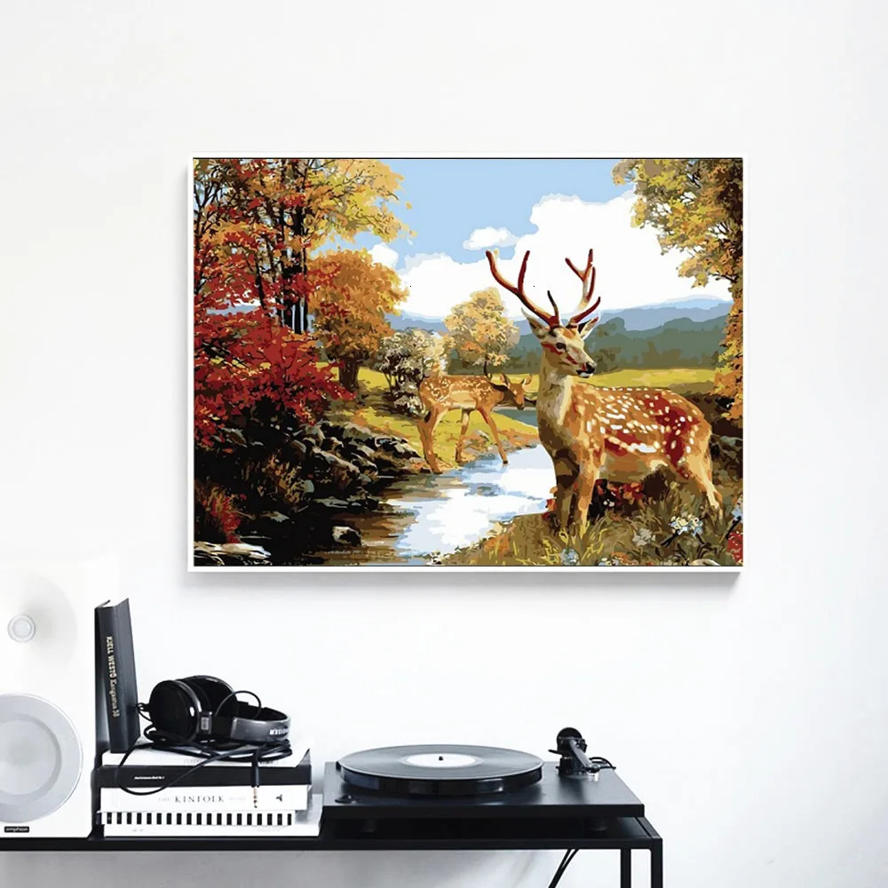 HUACAN Pictures By Numbers Kits Deer Animals Oil Painting Autumn Drawing Canvas HandPainted DIY Home Decoration Gift