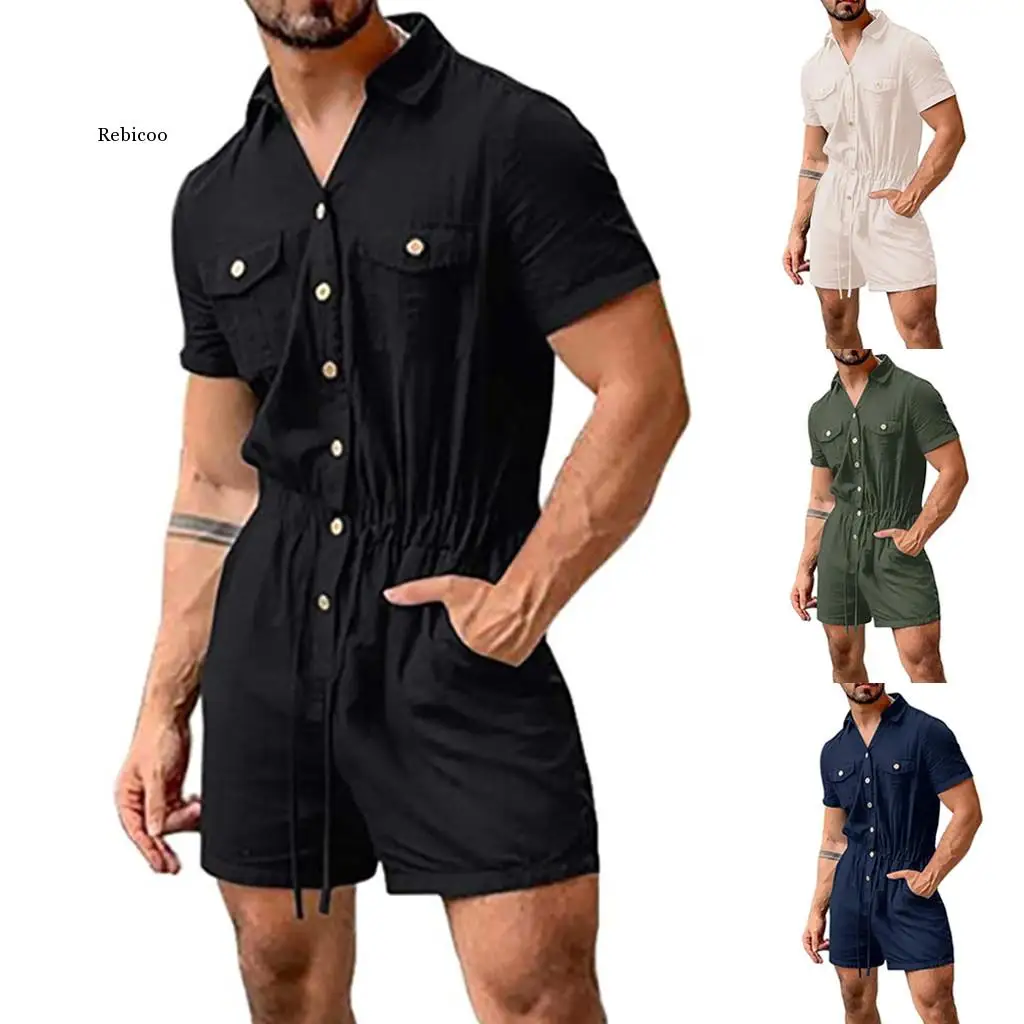 

Мужской летний пикантный цельный комбинезон-рубашка, шорты, одежда на завязках, Комбинезоны на молнии, мужская одежда с коротким рукавом