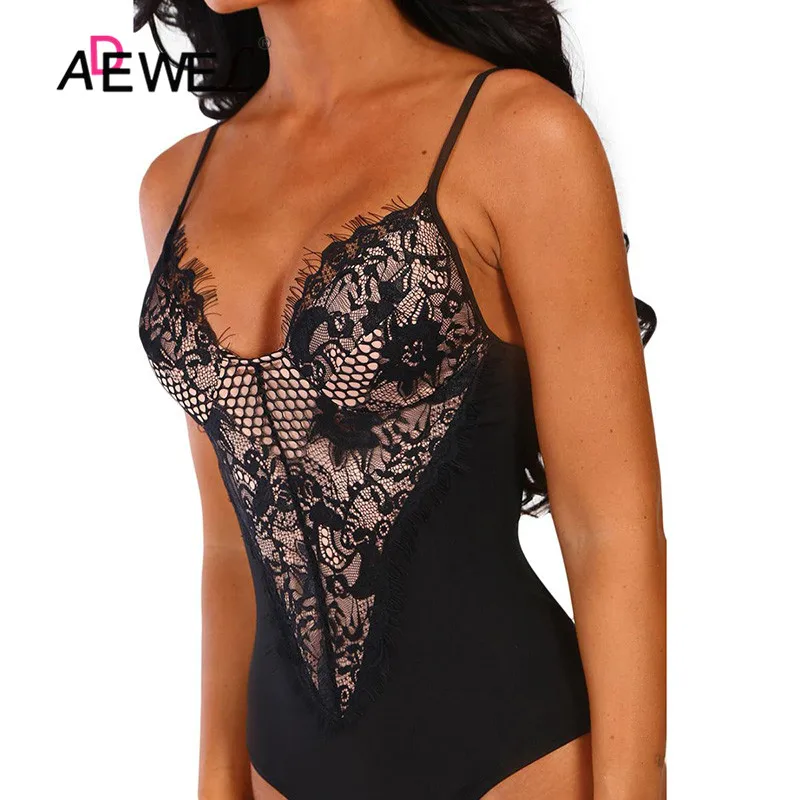 Женский кружевной комбидресс ADEWEL черный сетчатый с черными кружевами боди в