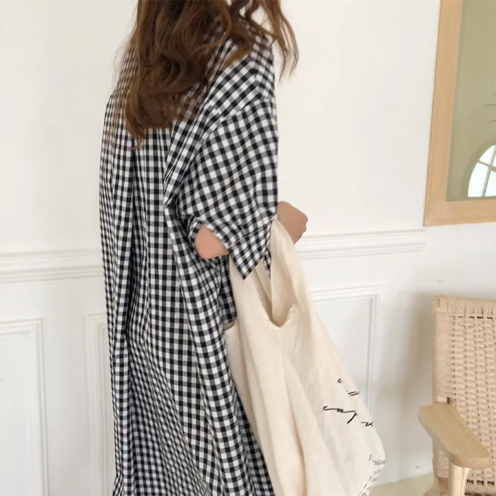 

Cotton Linen Dress Korean Long Harajuku 2021 Spring Summer New Loose Short Sleeve Casual Plaid Shirt Dress