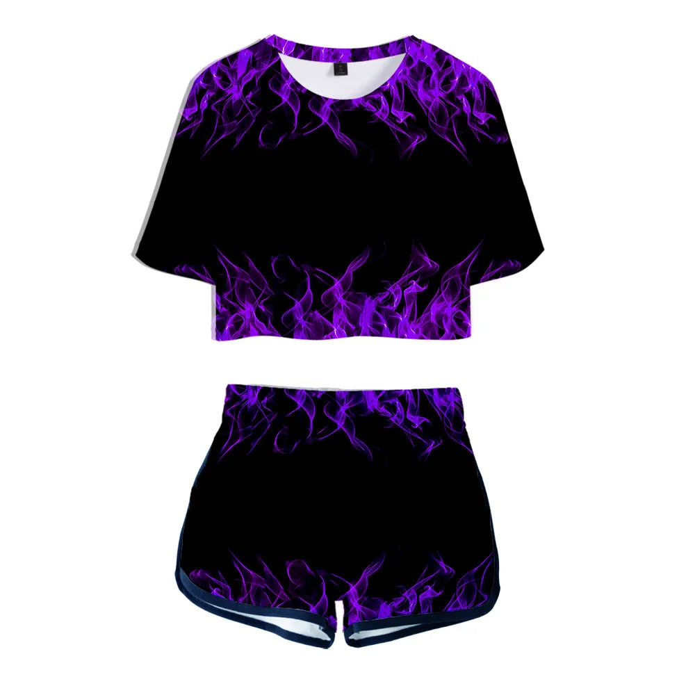 

3D Color Flame Exposed Navel T-shirt +Shorts Women's Two-Piece Sets Fashion Girl's Summer Pretty Suits Clothing