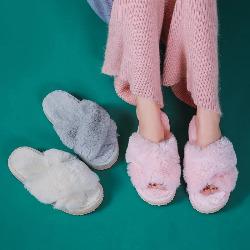 

Winter New Women Soft Plush Furry Cross Band 3cm Heel Fur Women Shoes Indoor Ladies Platform Open Toe Fluffy House Slippers AD86