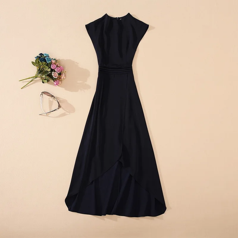 

High Quality Brand New Business Women Inspired Dress 2020 Summer Ladies Stand Neck Pleated Waist Asmmetrical Long Dress Soid