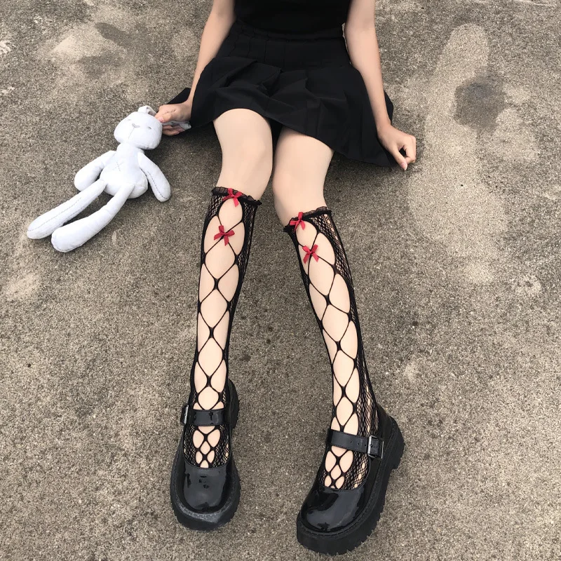 

Cute Socks Japanese Lolita Kawaii Hollow Out Fishnet Bow Women Calf Socks Summer Fashion Black Ladies Medium Tube Thin Socks