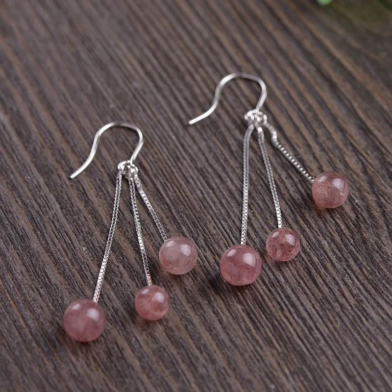 Женские серьги кисточки с бусинами из серебра 925 пробы натуральным клубничным