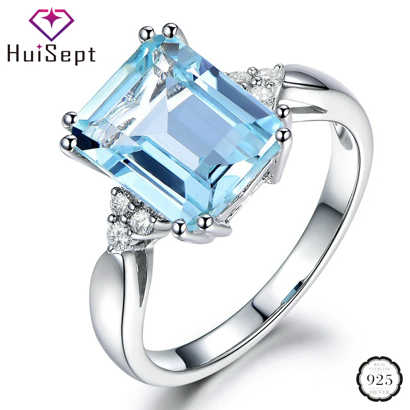 

HuiSept Women Ring Silver 925 Jewelry Accessories Rectangle Sapphire Zircon Gemstone Finger Ring for Wedding Engagement Ornament
