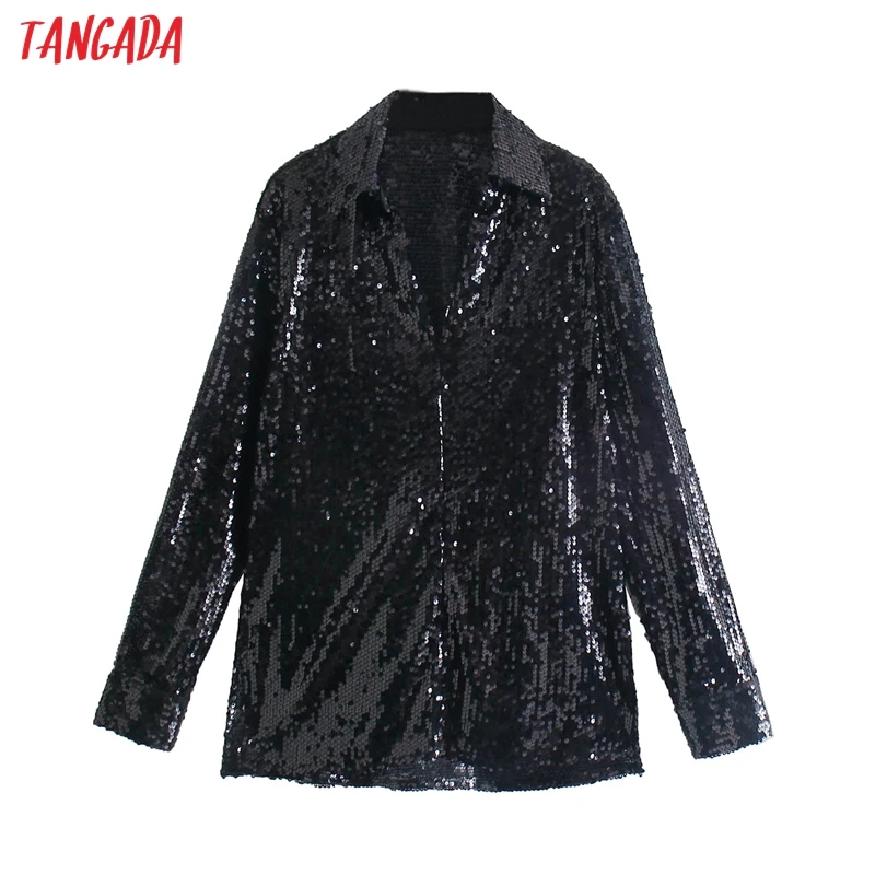

Блузка женская черная с блестками и длинным рукавом, QD123