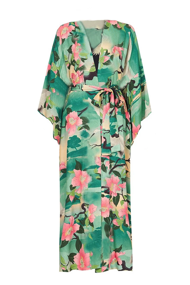 

Print Floral Long Cardigan Swimwear Boho Flare Sleeve Sashes Summer Beach Cover Up Swimwear Holiday Big Size Output