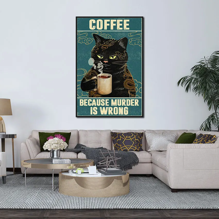

Black Cat Drinking Coffee Canvas Painting Funny Art Poster Wall Decor Modular Pictures for Cafe Home Room Interior Cuadros