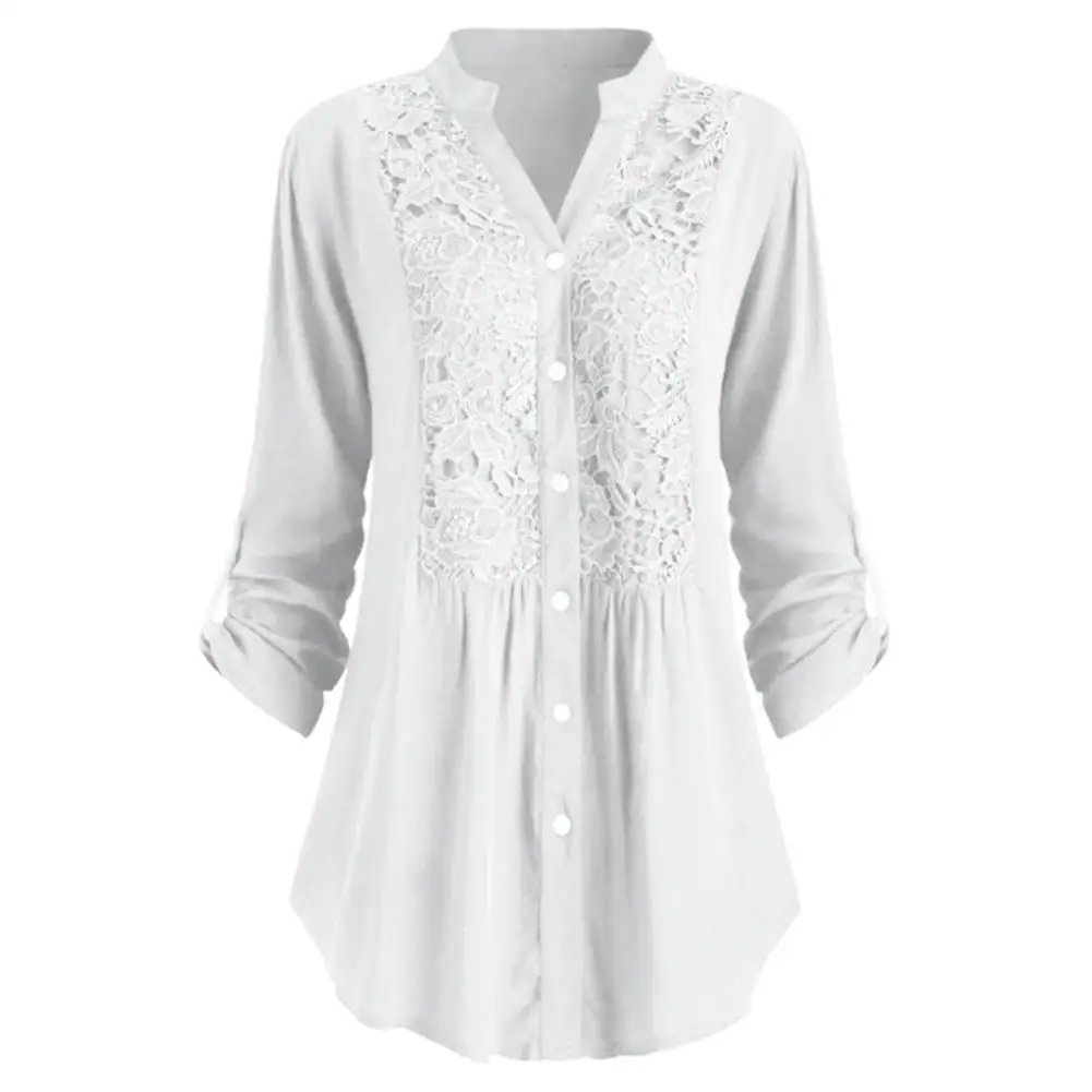 

Casual Women Solid Color Lace Patchwork V Neck Buttons Long Sleeve Blouse Shirt
