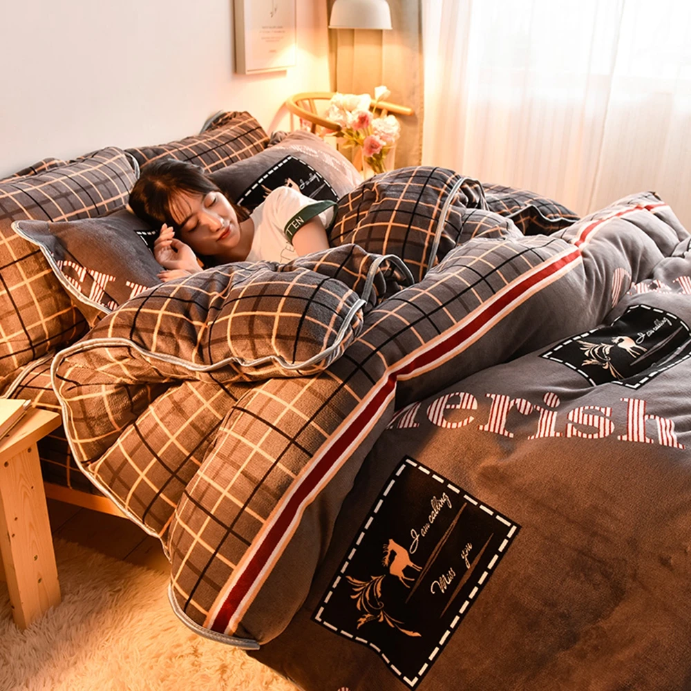 

Winter Warm Flannel 3/4pcs Bedding Set Milk Velvet Quilt Duvet Cover Cartoon Thickened Snow Fleece Bed Sheet Pillowcase Sets