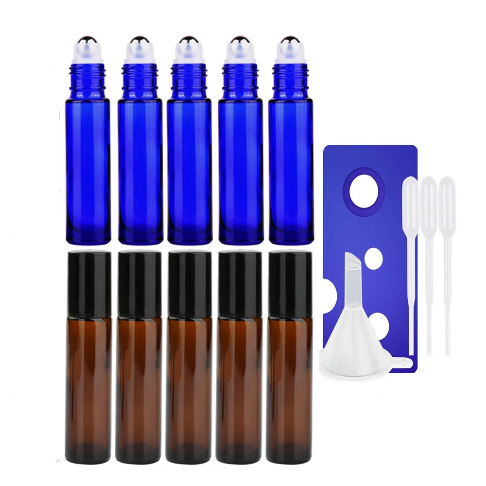 

6pcs 10ml 0.34oz Amber Glass Roll on Bottles with Stainless Steel Balls Empty Leakproof UV Protection for Essential Oil