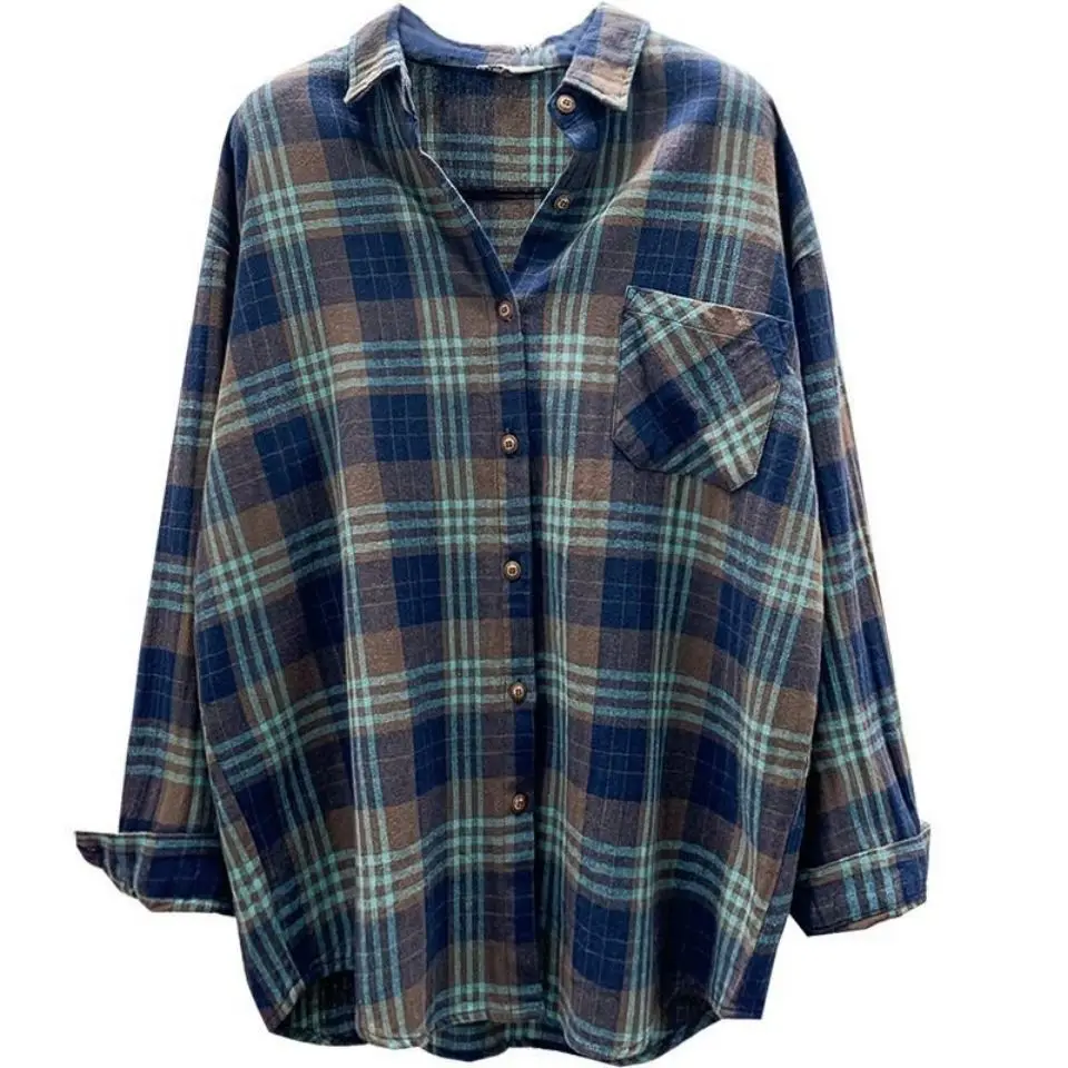 Женская рубашка блузка в клетку Женское пальто осенняя Свободная стиле ретро с