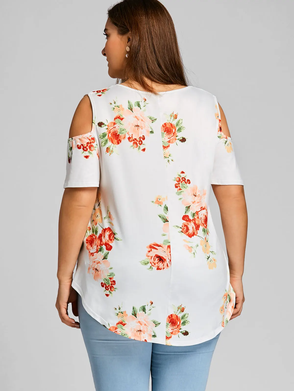 Женская футболка с цветочным принтом открытыми плечами и V образным