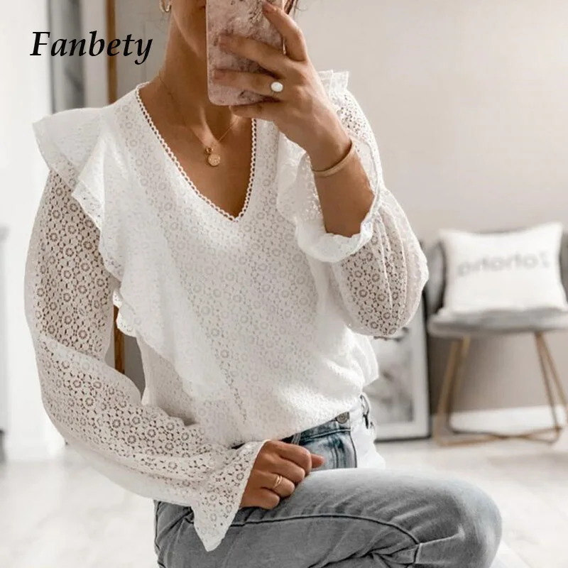 

Женская Офисная Элегантная блузка с V-образным вырезом и длинным рукавом, рубашки 2021, весенние женские модные Ажурные топы, повседневные одн...