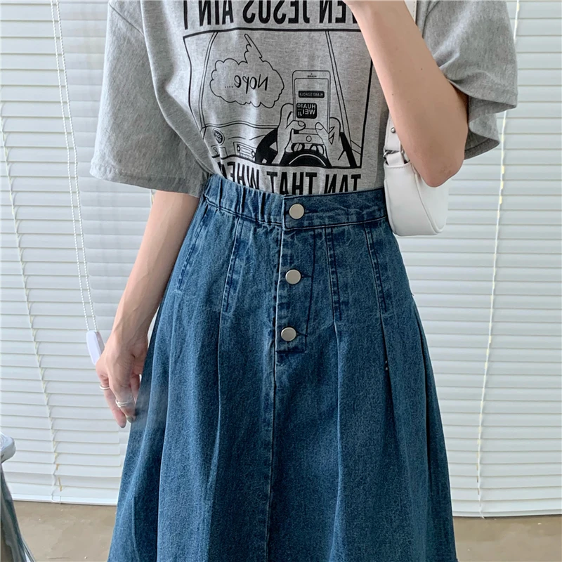 

New Large Size Retro Hong Kong Style Denim Skirt High Waist A Word Was Thin Split Skirt denim skirt Long skirts for women