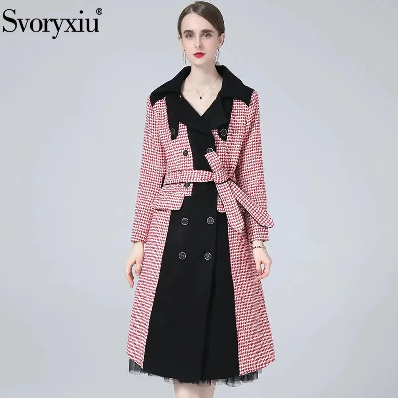 

Женское длинное пальто Svoryxiu, длинное двубортное пальто до колена в клетку с отворотами и поясом, осень 2019