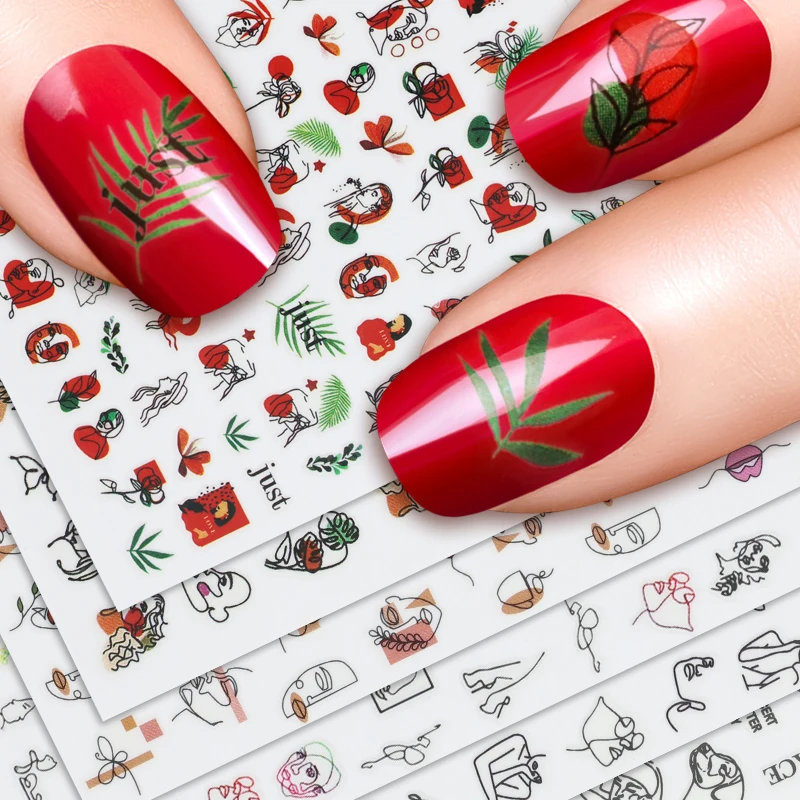 

Abstract Lady Face Nail Decals Water Black Leaf Sliders Paper Nail Art Decor Gel Polish Sticker Manicure Foils Nail Stickers Set