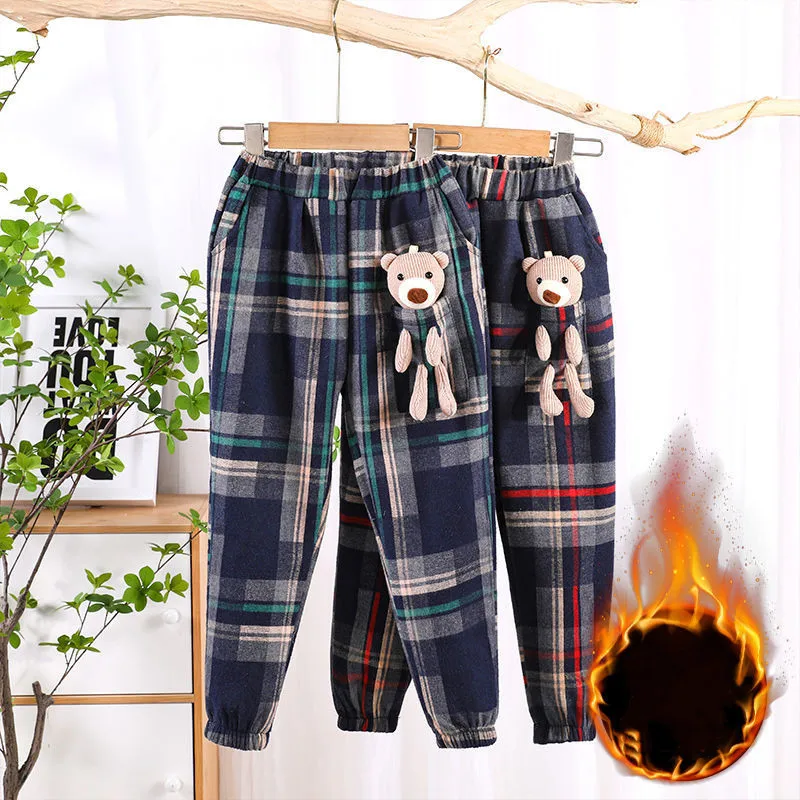 

Cartoon Bear Girls Plaid Pants Teen Kids Fall Plus Velvet Thick Warm Harem Trousers Children Corduroy Casual Stretch Pants 3-12y