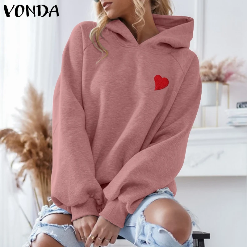 

Розовые толстовки с капюшоном VONDA, женские толстовки с длинным рукавом и вышивкой в виде сердца, женские толстовки в стиле Харадзюку, толсто...