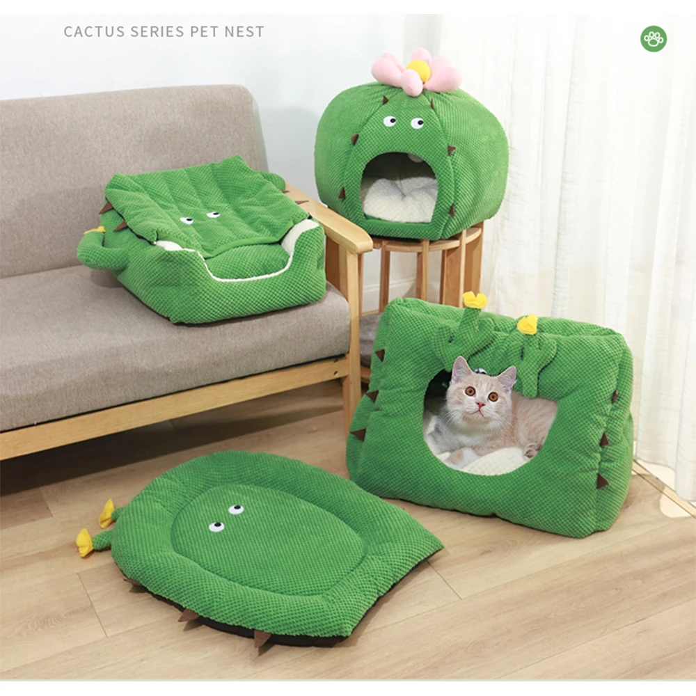

New Funny Pet Cat Bed Nest Soft Long Plush Dog and Cat Cushion Enclosed Cactus Wacky Cat Rug Keep Warm Washable Pet Supplies