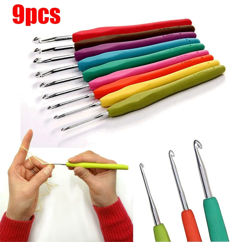 

1 X Crochet Hooks Set - 9 Pcs Soft Grip Handles Knitting Needles Multi Colour Aluminum 9Pcs In Stock