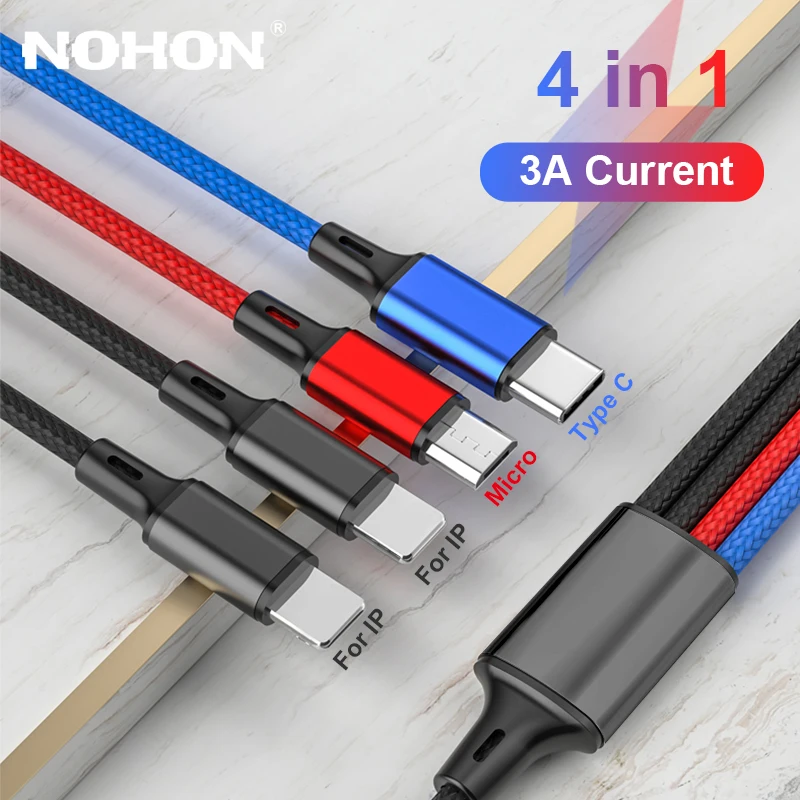 

1.2M 4 in 1 Micro USB Type C Cord for Lightning Cable Charging Kabel for iPhone 12 11 Pro Max Xiaomi Redmi Samsung Phone Charger