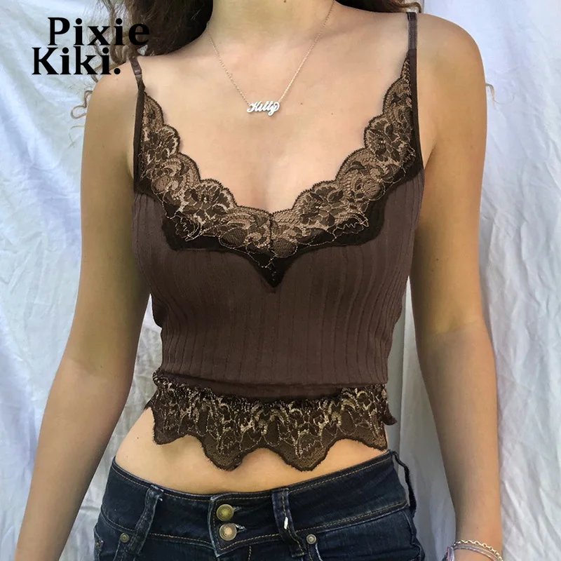 

PixieKiki Lace Patchwork Brown Crop Top Y2k Clothes Fairy Grunge Style Cropped Tees Cami Ribbed Knitted Tank Tops P67-BB10