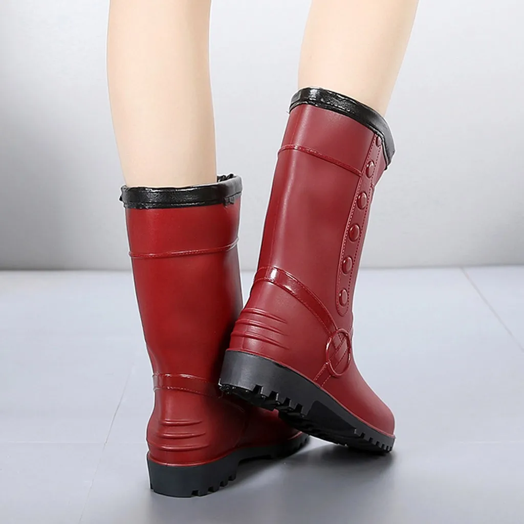 Теплые бархатные сапоги до середины икры для женщин Нескользящие дождевые