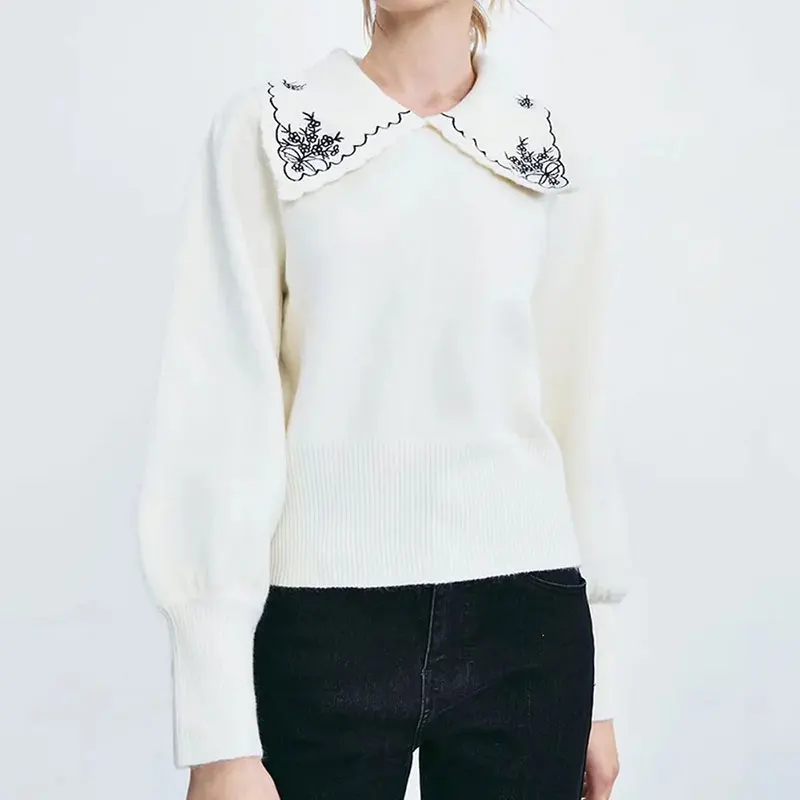 

Женский свитер с вышивкой Za, винтажный вязаный укороченный свитер с длинным рукавом, повседневные женские пуловеры, шикарные топы, новинка ...