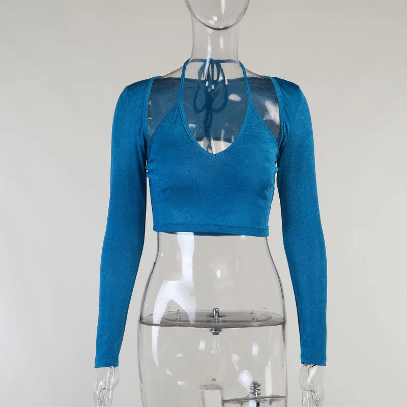 

Sexy V-neck Sling Short Top 2021 Summer Glossy Halter Long Sleeve Two-Piece Strap Top