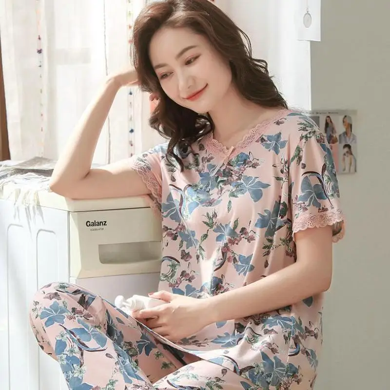 

Женские пижамы из модала, комплект из 2 предметов, одежда для сна с цветочным принтом, одежда для сна, Пижамный костюм, Повседневная Свободна...