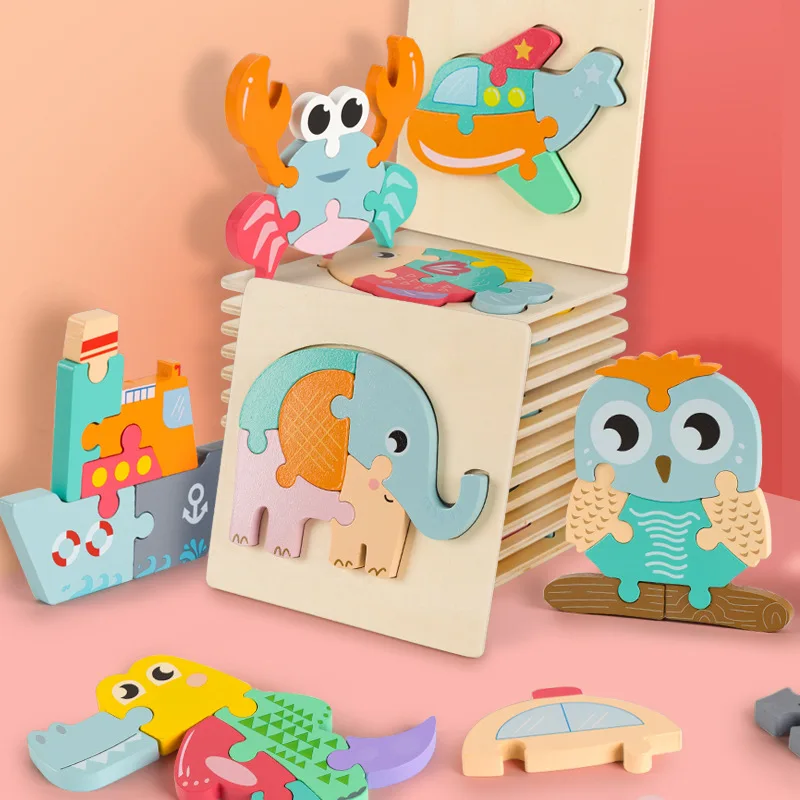 

High quality baby 3D wooden puzzle educational toys early learning cognition kids cartoon grasp intelligence puzzle