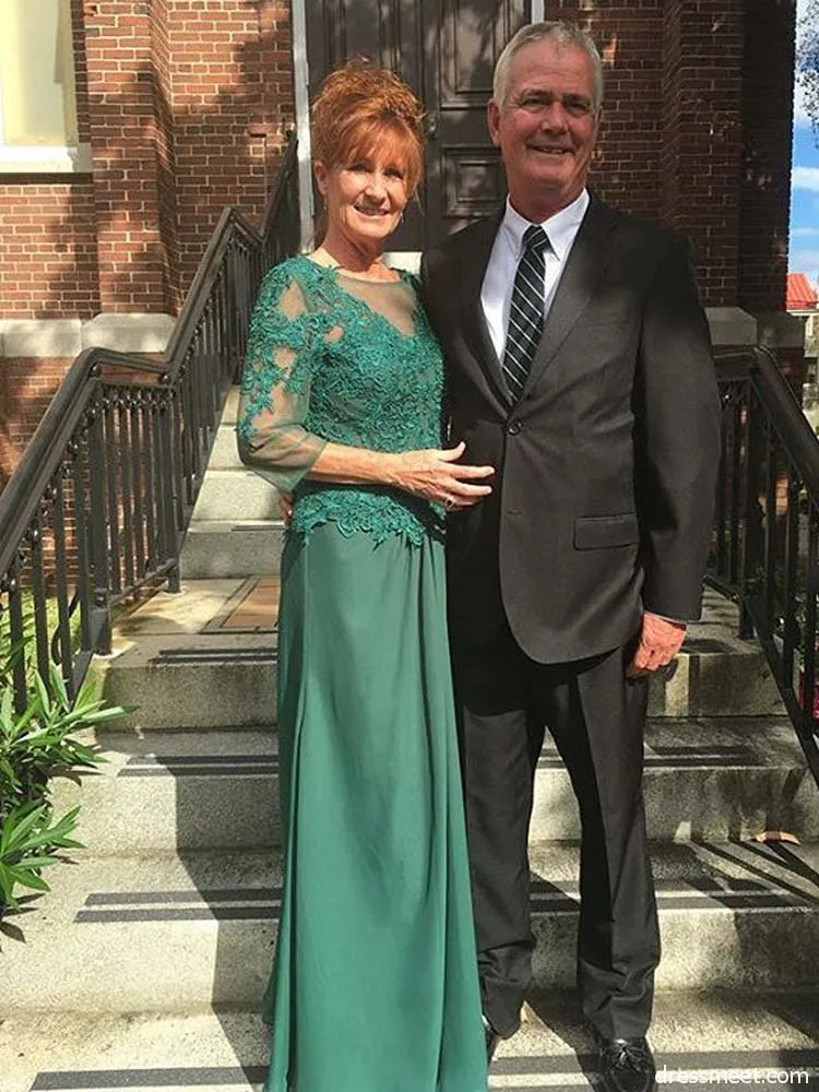 

Green Mother Of The Bride Dresses A-line 3/4 Sleeves Chiffon Appliques Lace Long Groom Mother Dresses For Weddings