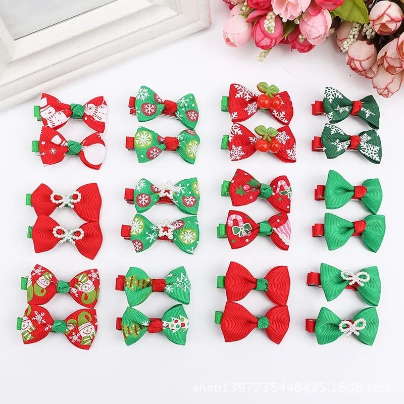 2 unids/set de lazos de fiesta para ni&ntilde;a, pinzas para el pelo con estampado navide&ntilde;o, accesorios coreanos para el cabello, horquillas, pasador, pinzas para el pelo con flores bonitas-2
