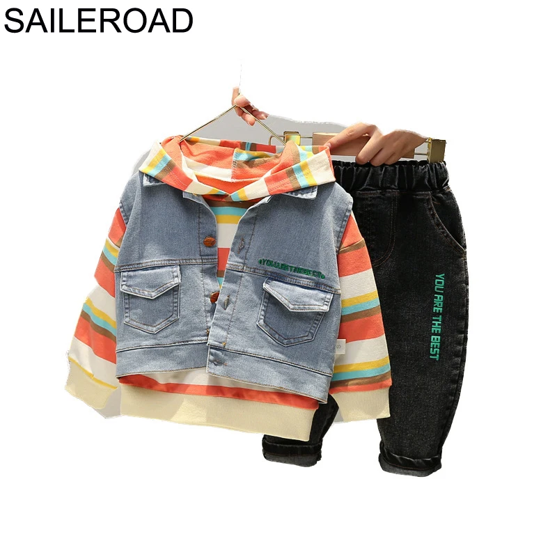 

Комплект из 3-х предметов для мальчиков, джинсовая куртка + толстовка + штаны, осень 2020