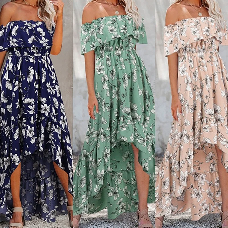 

2021 Summer New Lady Floral Dress Sexy Off Shoulder Irregular Hem Princess Skirt Beach Short Sleeve Lady Elegant Floral Dress XL