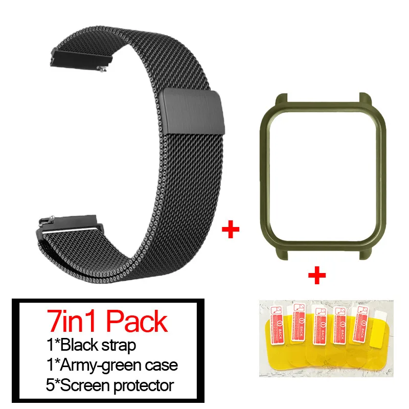 black-army green 7в1 для Xiaomi Huami Amazfit ремешок bip браслет из Миланского нержавеющей стали Smartwatch Браслет Amazfit bip защитный чехол для экрана - Цвет: black-army green