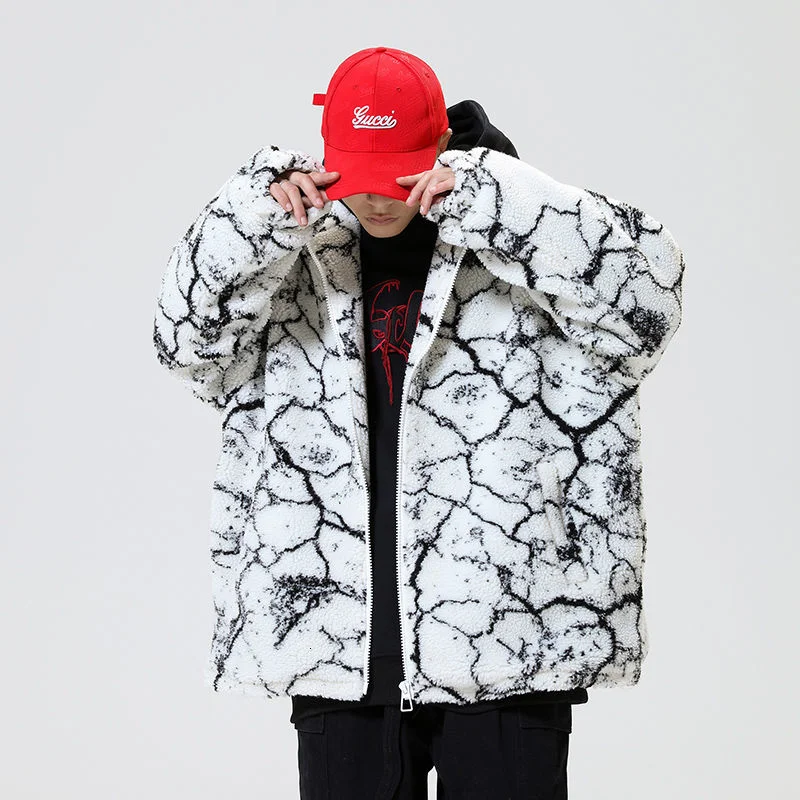 

Winter Thick Lamb Fur Jacket Men Warm Fashion Printing Casual Tie-dye Coat Men Streetwear Loose Short Coat Mens Outwear Clothes