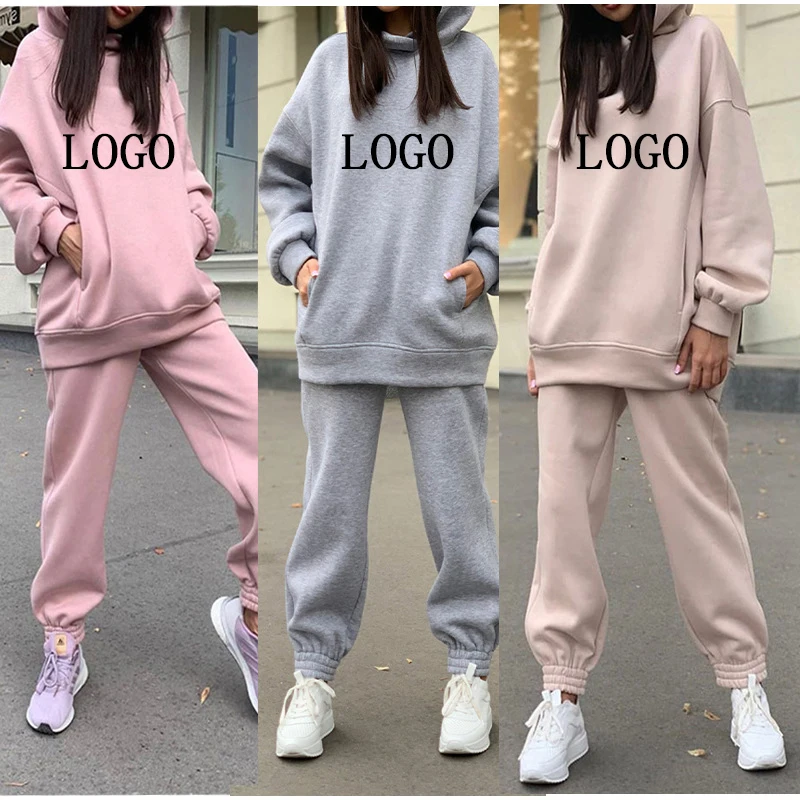 

Custom LOGO Women Casual Tracksuit Hooded Sweatshirt Pants Sets Casual Sport Wear Suit Plus velvet top Sweatshirt sweatpants