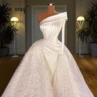 Атласное свадебное платье на одно плечо, с длинным рукавом, 2021, с элегантным съемным воротником, со шлейфом, свадебные платья с бусинами