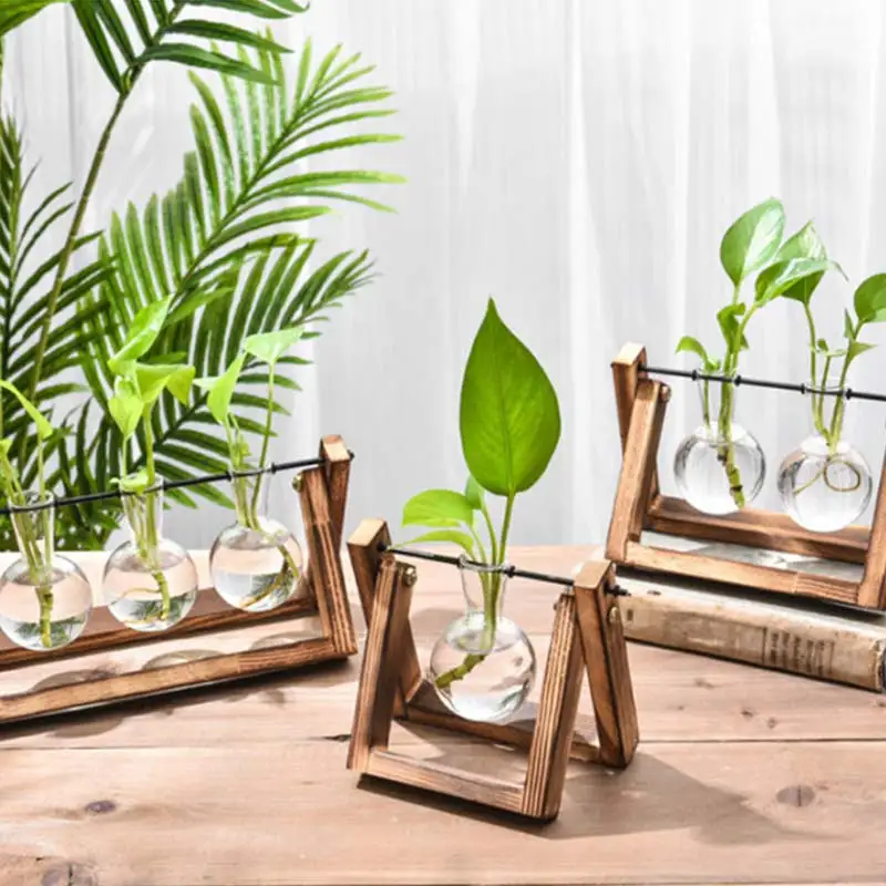 Прозрачная ваза для гидропонных растений креативная декоративная с деревянной