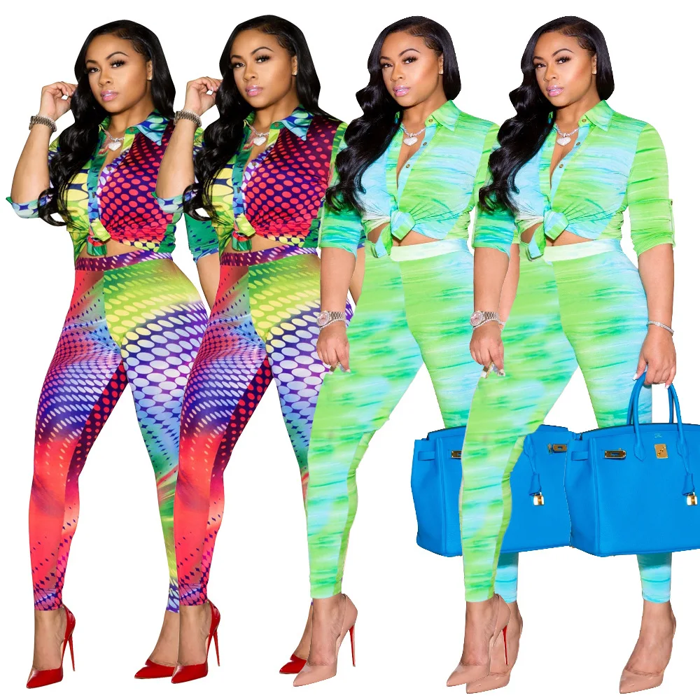 

Adogirl Autumn Women Rainbow Dot Tie Dye Print Two Piece Set Three Quarter Blouses Pencil Pants Suit Tracksuits Fitness Outfits