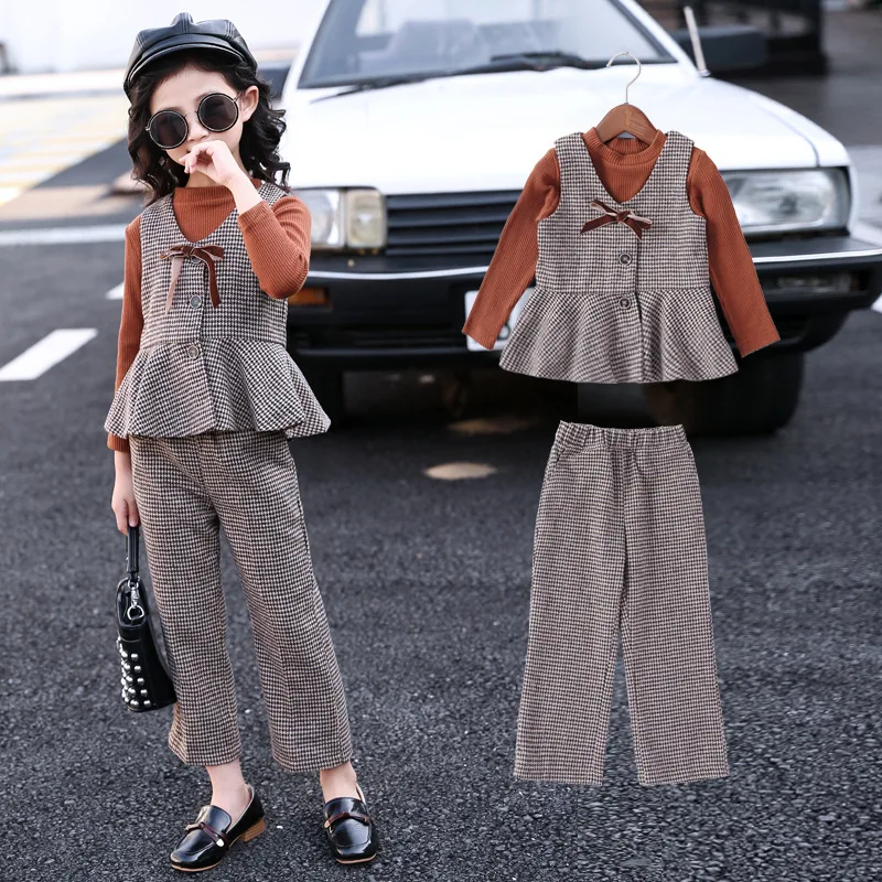 

Child Clothes Spring Autumn Plaid Vest T shirt Pants Fashion suit Kids Outfits Bow School Teen Girls Clothing set 10 12 Year