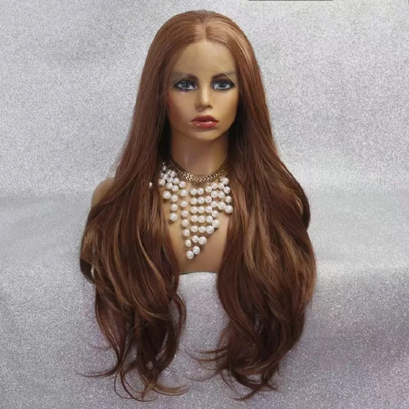 

Brown 180% Density 26 Inch Long Body Wave Synthetic Wigs Lace Front Wig For Black Women Daily Cosplay Heat Resistant