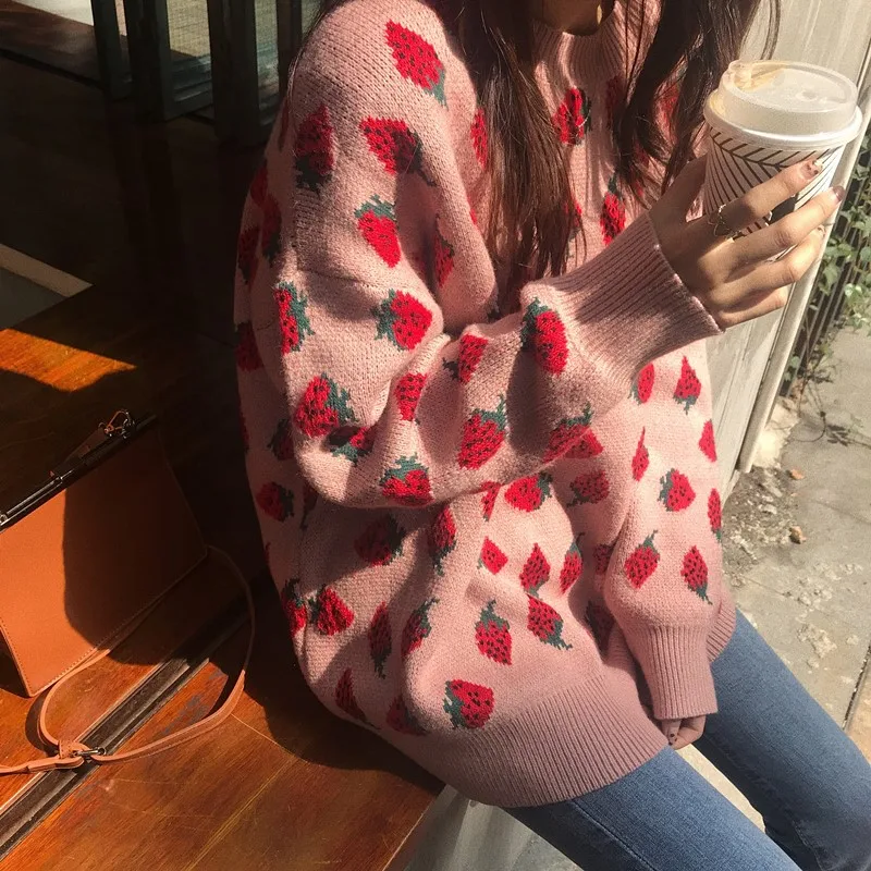 Korobov Korea Ulzzang Sweet Strawberry Print Knit Sweater Female Cute Casual Fashion O-neck Long Sleeve OverSize 79191 | Женская одежда