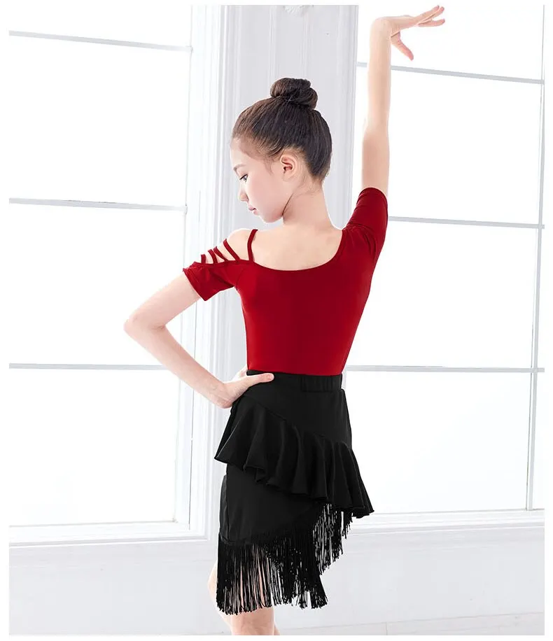 Женское платье для латиноамериканских танцев черное красное с бахромой и