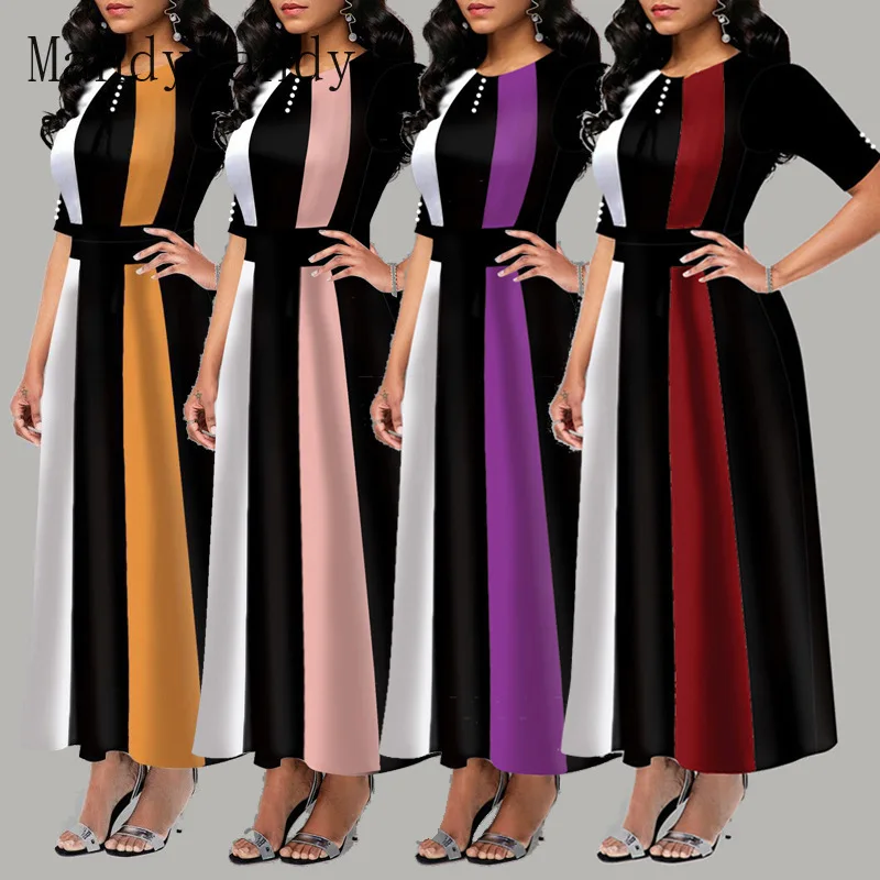 

Mandylandy Autumn Fashion High Waist Half Sleeve Dress Women's Casual Slim-Fitting O-Neck Patchwork Ankle-Length Dress